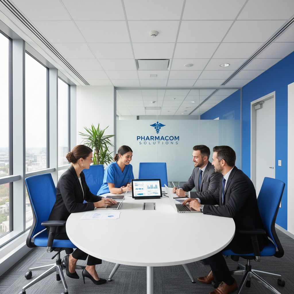 Professional customer service scene in modern pharmaceutical office with medical professionals collaborating representing welcoming communication and support